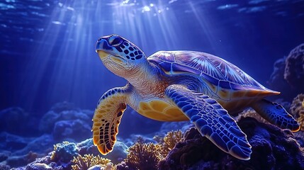 Fototapeta premium A vibrant sea turtle swimming gracefully through a coral reef under sunlit waters.
