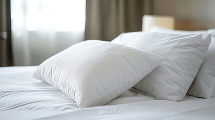 Two white pillows on a bed with white sheets.
