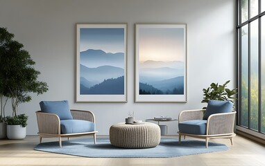 Naklejka premium Cozy living room with mountain art and natural elements.