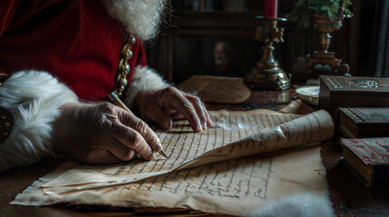 Santa writing christmas letters in cozy workshop scene