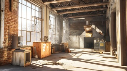 Sunlit Abandoned Industrial Space with Distressed Walls and Wooden Beams