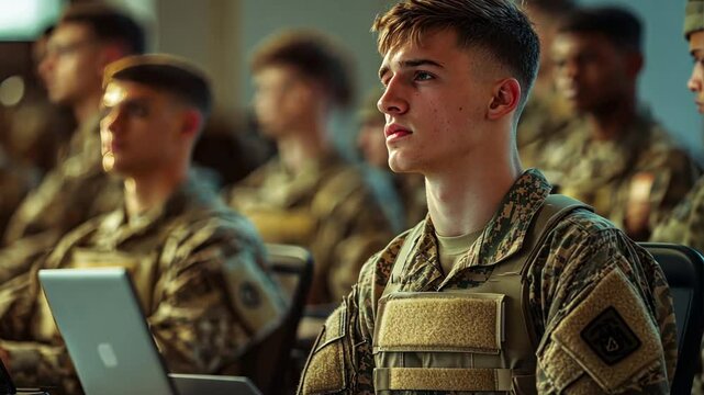 A group of army students attending a lecture in a military academy, with textbooks and laptops, showcasing the integration of education in military careers