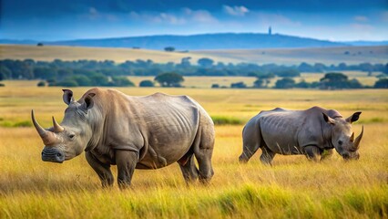 Obraz premium African rhinoceroses Diceros bicornis minor grazing on the Masai Mara savannah with shallow Depth of Field