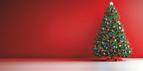Festive Christmas tree adorned with colorful ornaments against a vibrant red wall, perfect for holiday greetings or winter season themes.