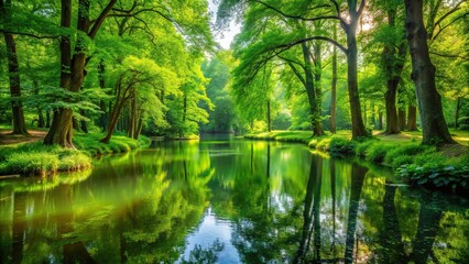 Obraz premium A lush green forest with tall trees and vibrant foliage surrounding a serene pond, nature, pond