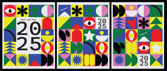 bauhaus poster design with geometric patterns, happy new year 2025 design