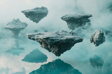 Floating Islands Above a Tranquil Reflection in Ethereal Fog © Adi
