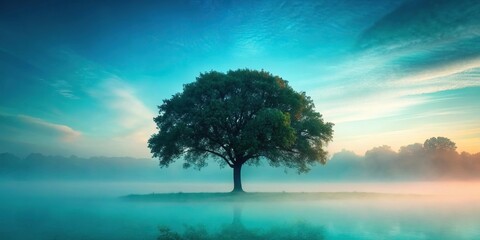 Obraz premium A majestic tree standing alone on a misty morning with teal tones in the background, landscape, nature