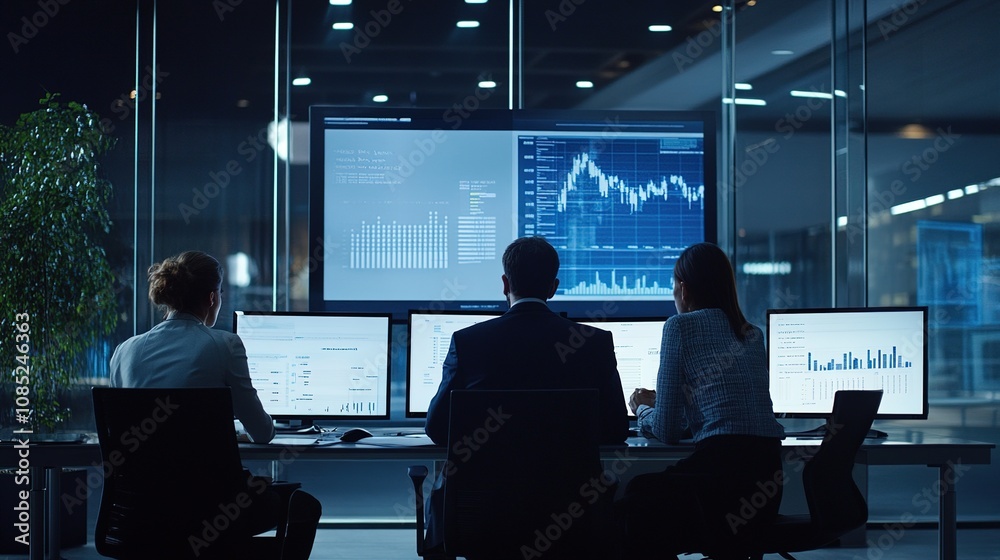 Poster three professionals analyzing financial data on multiple monitors in a modern office setting with gr
