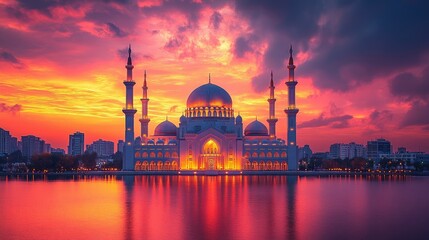 Majestic mosque at sunset, reflecting in calm water. (1)