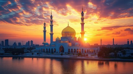 Obraz premium Majestic mosque at sunset, reflecting in calm water, city skyline.