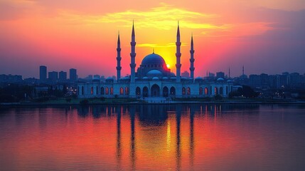 Majestic mosque reflected in calm water at sunset.