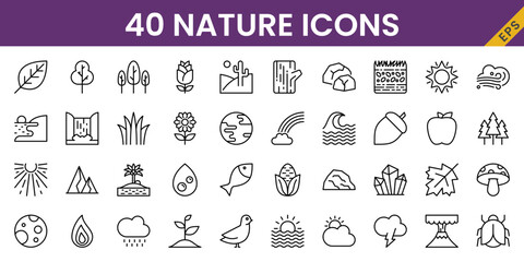 Nature icons set, vector, in line style, for sustainability, nature, garden, global warming, go green, etc.