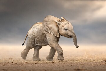 Fototapeta premium Playful Young Elephant Trotting in a Serene Landscape
