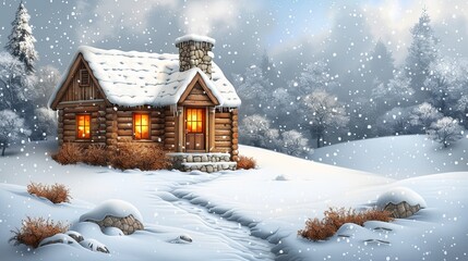 Fototapeta premium Cozy cabin in the woods, smoke rising from the chimney on a winter day
