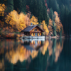 Fototapeta premium Autumn's Lakeside Retreat.