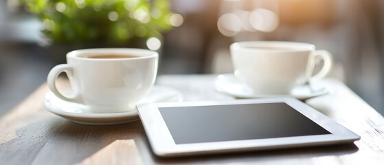 Fototapeta premium Coffee, Tablet, and a Saucer on a Wooden Table
