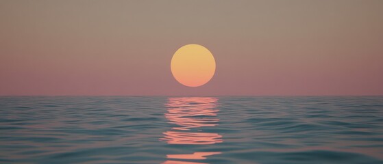 A Large Yellow Sun Setting Over Calm Ocean Waters