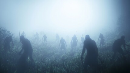 Fototapeta premium Epic Battle Cry - Dark Fantasy Warriors Charging Forward in Foggy Valley | 3D Render Ultra-Detailed Digital Artwork