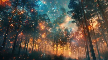 Naklejka premium A dreamy forest scene with a magical, colorful sky filled with twinkling lights and a warm glow.