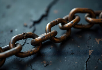 Fototapeta premium closeup of broken chain on textured surface, symbolizing freedom and resilience. rusted links convey sense of strength and history