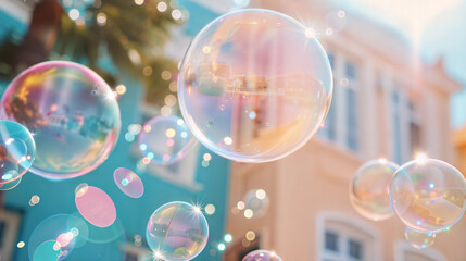 Colorful soap bubbles floating in front of vibrant urban architecture. Curacaos