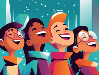 Happy School Children Enjoying a Snowy New Year Celebration