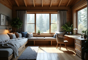 Fototapeta premium Cozy wooden interior with large windows, natural light, and plants. serene space featuring comfortable sofa, desk, and warm decor, perfect for relaxation