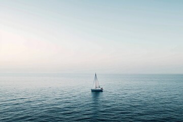 Obraz premium Solitary Sailboat on Serene Sea under Soft Horizon