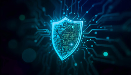 Digital shield symbolizing cybersecurity with green circuit patterns