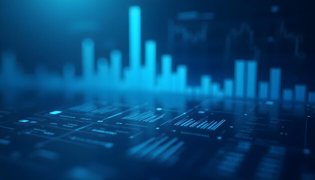 digital data visualization with blue tones, featuring graphs and charts that represent statistical information and trends. futuristic design conveys sense of technology and analysis