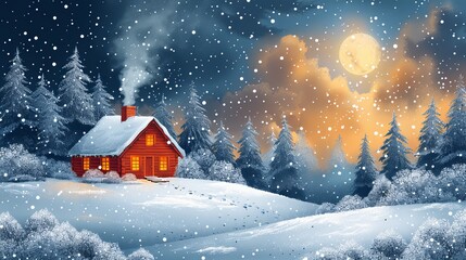 Cozy cabin in the woods, smoke rising from the chimney on a winter day