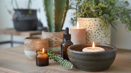 A collection of candles and plants in a spa setting.