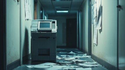 Discarded Documents and a Copier in an Empty Office Hallway