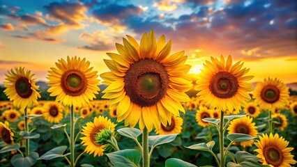 Obraz premium A stunning bouquet of sunflowers standing tall in a field with bright yellow petals and dark centers, flowers, yellow, bright, beautiful, natural