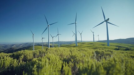 Obraz premium Wind turbines on a green hillside under a clear blue sky.