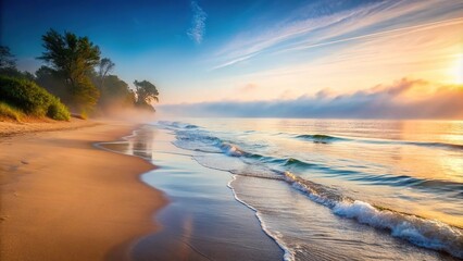 A tranquil beach at dawn with a misty fog rolling in over the calm waters, sand, beach, peaceful, relaxation