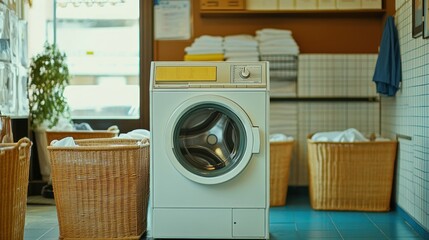White Washing Machine in a Laundry Room with Wicker Baskets