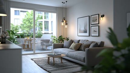 Fototapeta premium Cozy modern living room with plants and natural light.