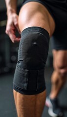 Athlete with knee bandage for sports injury recovery concept
