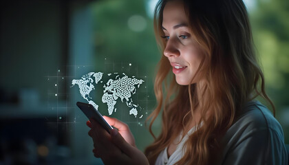 woman using smartphone with digital world map overlay, showcasing technology and connectivity. scene is illuminated softly, creating modern atmosphere