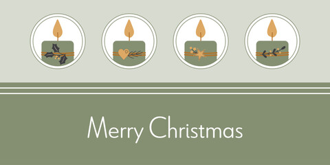Merry Christmas - Schriftzug in englischer Sprache - Frohe Weihnachten. Grußkarte mit vier verzierten Kerzen in Grün, Gold und Anthrazit.