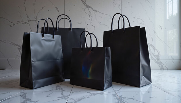 Black shopping bags arranged elegantly on a marble floor with modern interior design