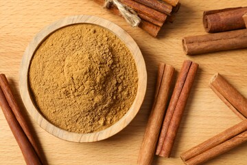 Cinnamon sticks and cinnamon powder in a bowl on a wooden background