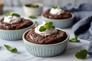 Decadent Chocolate Souffl?s Topped with Whipped Cream and Fresh Mint