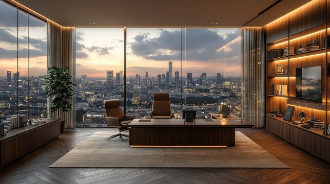 Modern luxury office with panoramic city view at sunset.