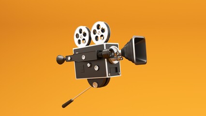 3D render of film industry elements - camera, tickets, popcorn, cinema chair. Background for advertising cinema, online viewing, video broadcasts.