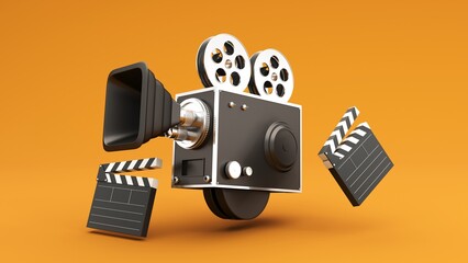 3D render of film industry elements - camera, tickets, popcorn, cinema chair. Background for advertising cinema, online viewing, video broadcasts.