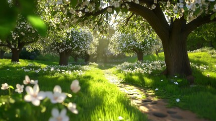 Fototapeta premium Sunlit Orchard with Blossoming Fruit Trees