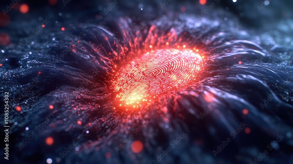 Poster a high-resolution biometric scan with a fingerprint glowing on a sensor, showcasing secure technolog